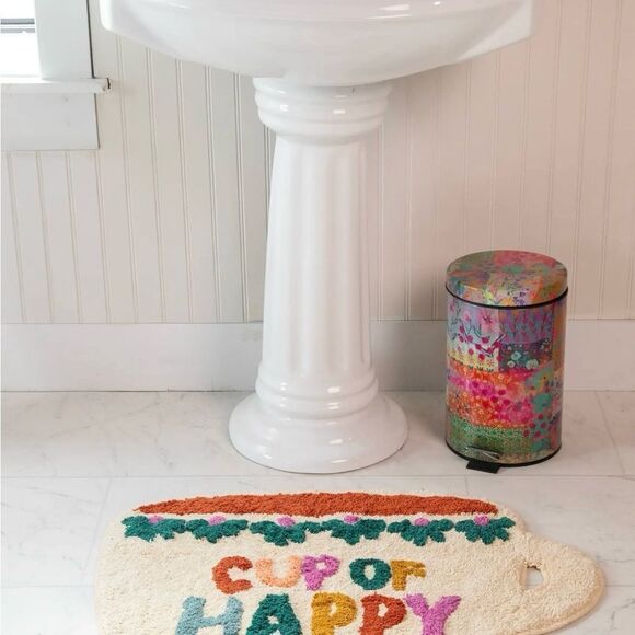 Natural Life Cotton Shaggy Bath Mat Cup of Happy Crean Multi Coffee Print OS NWT - Picture 2 of 10